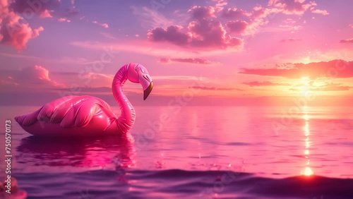 a floating inflated flamingo in a beautiful sunset in a lake, 4k video
