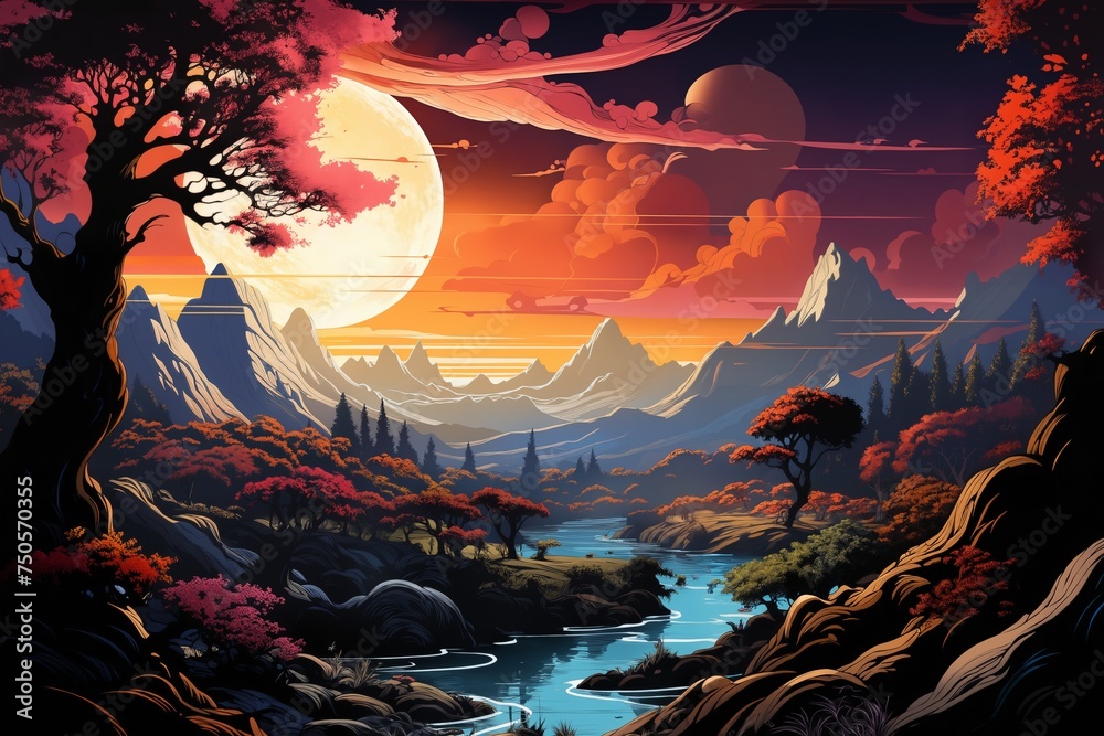 A beautiful night scene with river that leads into the distance. Forest in a valley with moonlight. Mountains under dramatic sky, and a big moon.