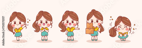 Set of Business women in different poses hand drawn cartoon illustration