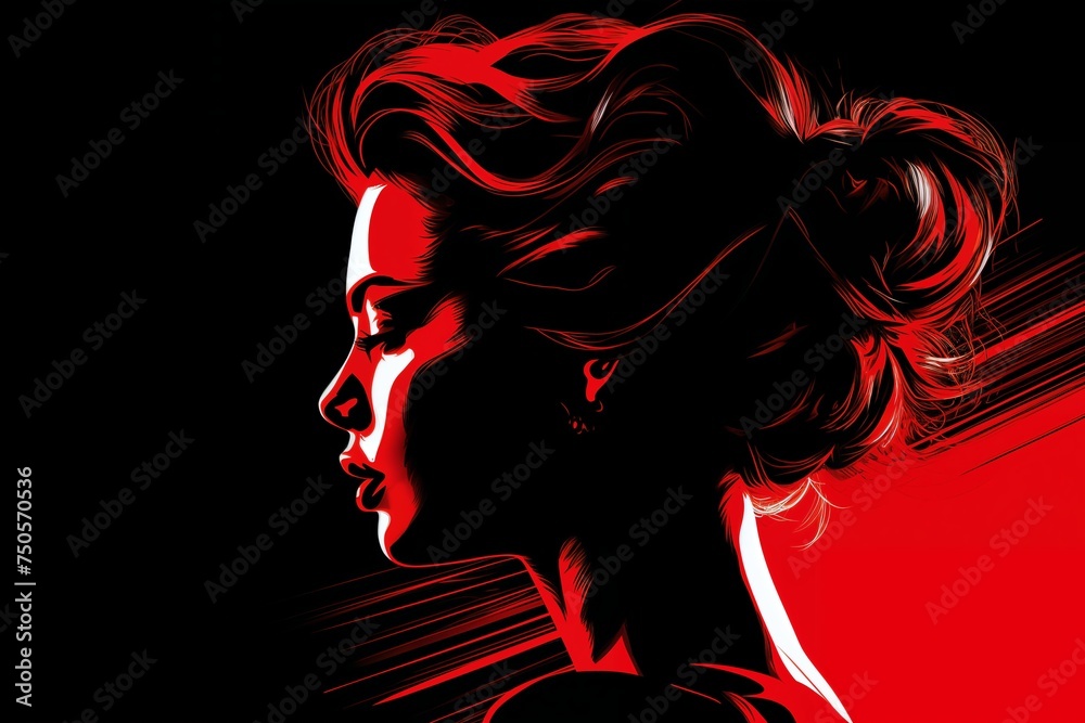 Portrait of a beautiful fashionable woman with a hairstyle. Night. Abstract red and black color background. Illustration poster in the style of 1960