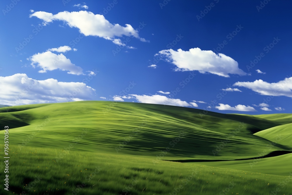 A beautiful, perfect landscape with green grass on hills and green fields. The sky is filled with white clouds and bright sunlight. There are also shadows that create a sense of depth and realism. A beautiful, perfect landscape with green grass on hills and green fields. The sky is filled with white clouds and bright sunlight. There are also shadows that create a sense of depth and realism.