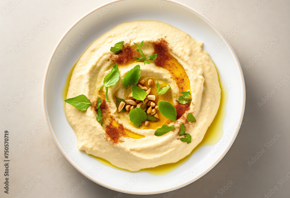 classic delicious arabic dish of hummus on white plate Isolated On white Background