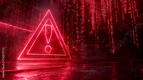 Red Neon Alert Triangle in a Rain of Digital Code, Cybersecurity Danger Concept in a Virtual Environment