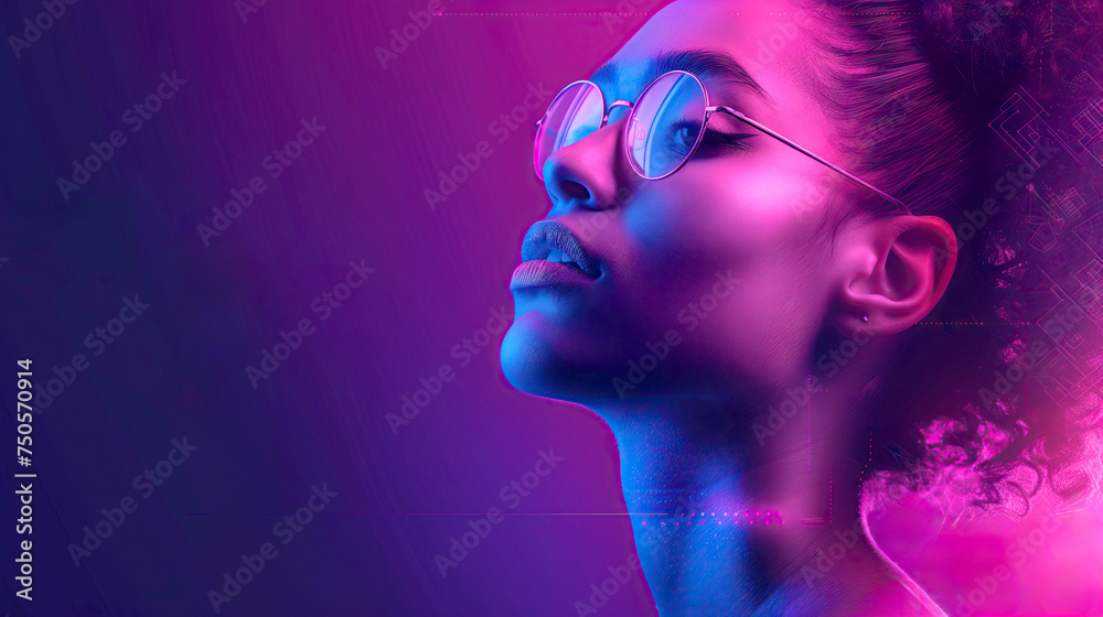 close up of Young Woman with Glasses in Neon Purple Light with copy space close up of Young Woman with Glasses in Neon Purple Light with copy space