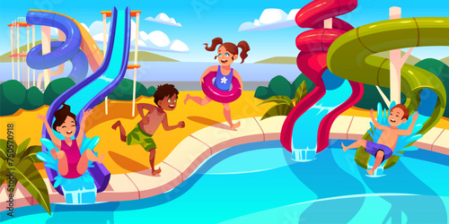 Happy children vacation in aquapark. Water slides with small visitors, active family holidays, extreme attractions, boys and girls in swimsuits swimming cartoon flat isolated tidy vector concept