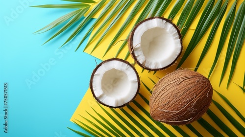 Coconuts on blue background. Top view with copy space.