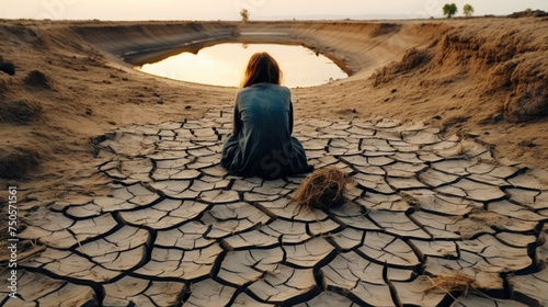 Girl sits on cracked ground near a dry river. Drought concept. Water crisis and arid environment. Generative AI photo