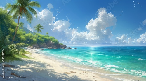 Beautiful beach and tropical sea. Seascape.Beautiful sandy beach with clear turquoise ocean and palm trees. .Photorealistic illustrartion