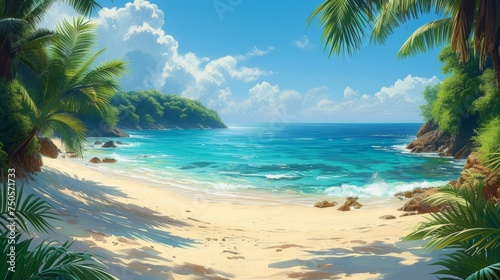 Beautiful beach and tropical sea. Seascape.Beautiful sandy beach with clear turquoise ocean and palm trees. .Photorealistic illustrartion