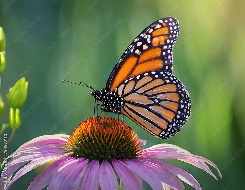 Fototapeta premium monarch butterfly at night on coneflower, in the style of feminine empowerment, harmonious balance, polished metamorphosis 