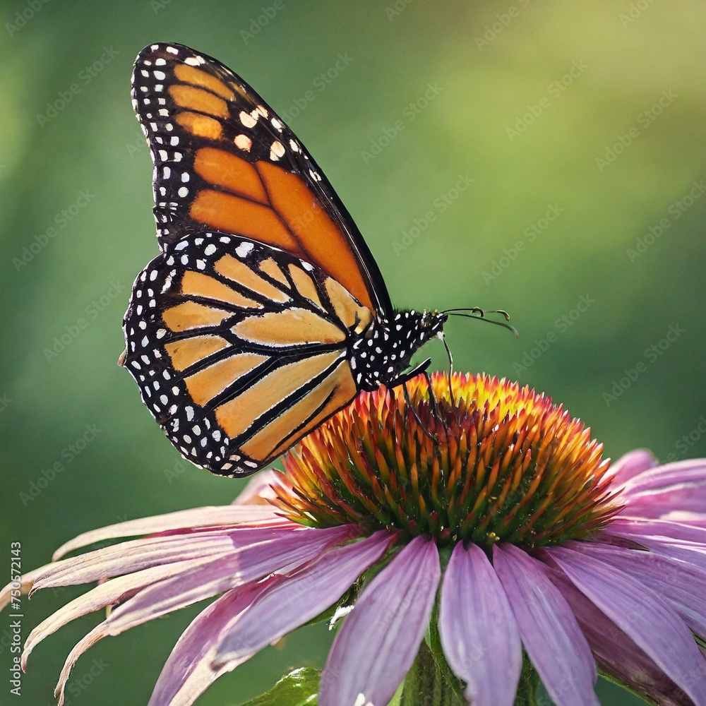Fototapeta premium monarch butterfly at night on coneflower, in the style of feminine empowerment, harmonious balance, polished metamorphosis 