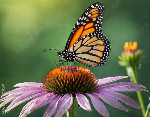 monarch butterfly at night on coneflower, in the style of feminine empowerment, harmonious balance, polished metamorphosis 