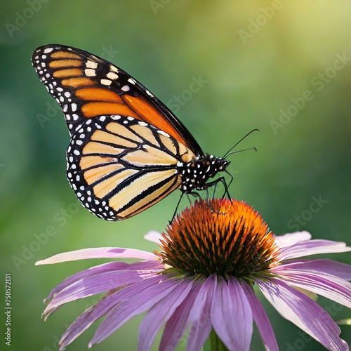monarch butterfly at night on coneflower, in the style of feminine empowerment, harmonious balance, polished metamorphosis  © Press