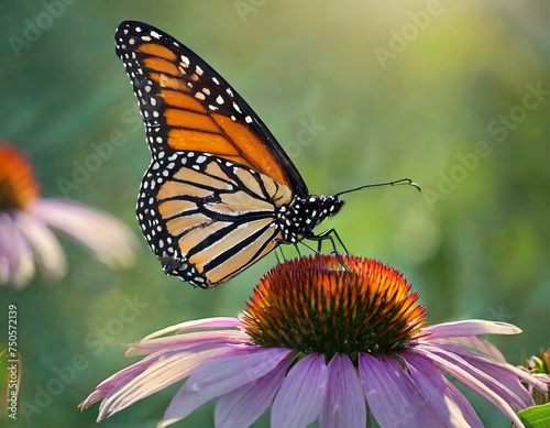 monarch butterfly at night on coneflower, in the style of feminine empowerment, harmonious balance, polished metamorphosis  © Press