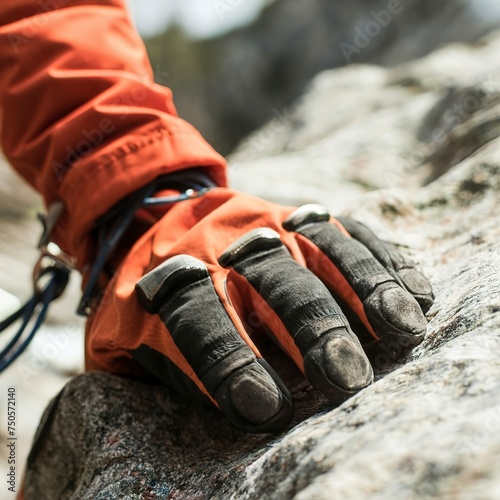 Close-up of mountaineer's hands gripping precipitous rock colorful climbing gloves intense focus for alpinism