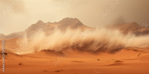 A sandstorm sweeping across desert mountains creating an opaque landscape. Concept Sandstorm, Desert Mountains, Opaque Landscape, Nature's Fury, Climate Phenomenon