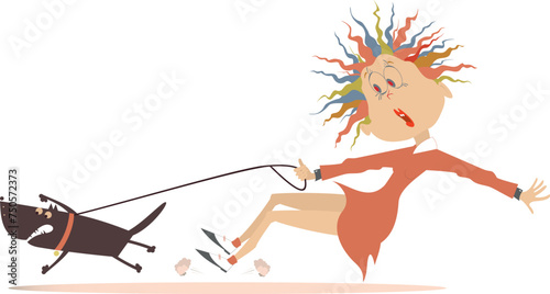 Funny woman and disobedient dog.
Cartoon young woman tries to stop a running away dog. Isolated on white background
