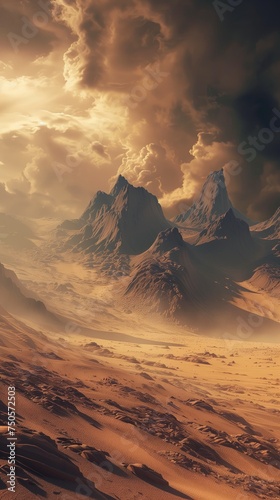 mystical desert landscape with golden mountains and sand dunes