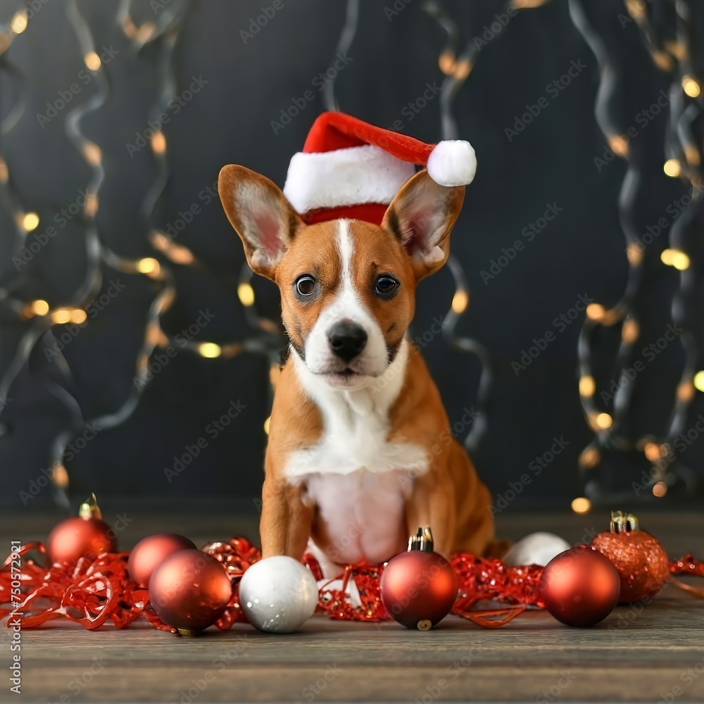 Funny Basenji puppy dog in santa hat is sitting with red christmas balls. Winter Christmas or New Year card background