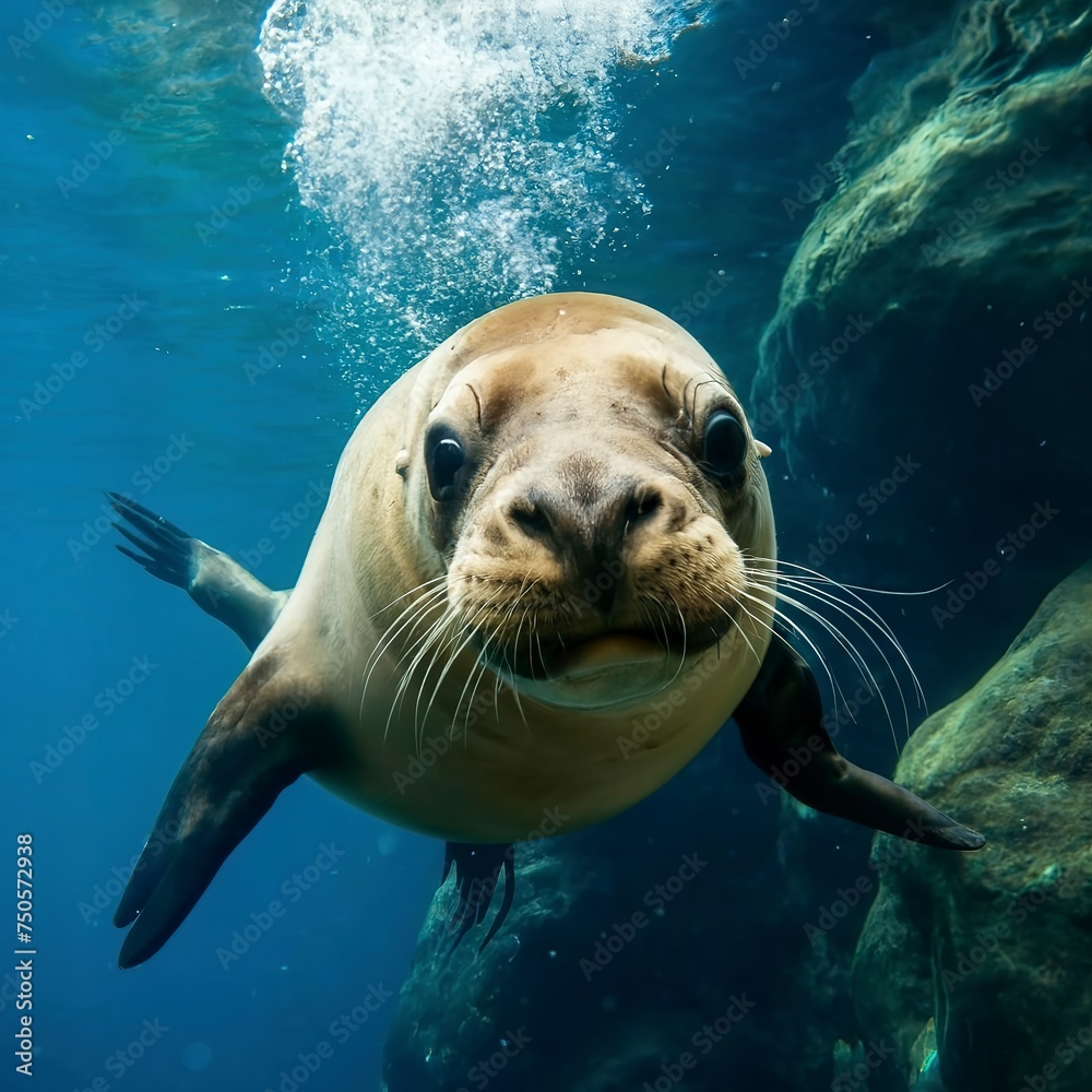 Funny sea lion swimming underwater in the ocean. Animal theme