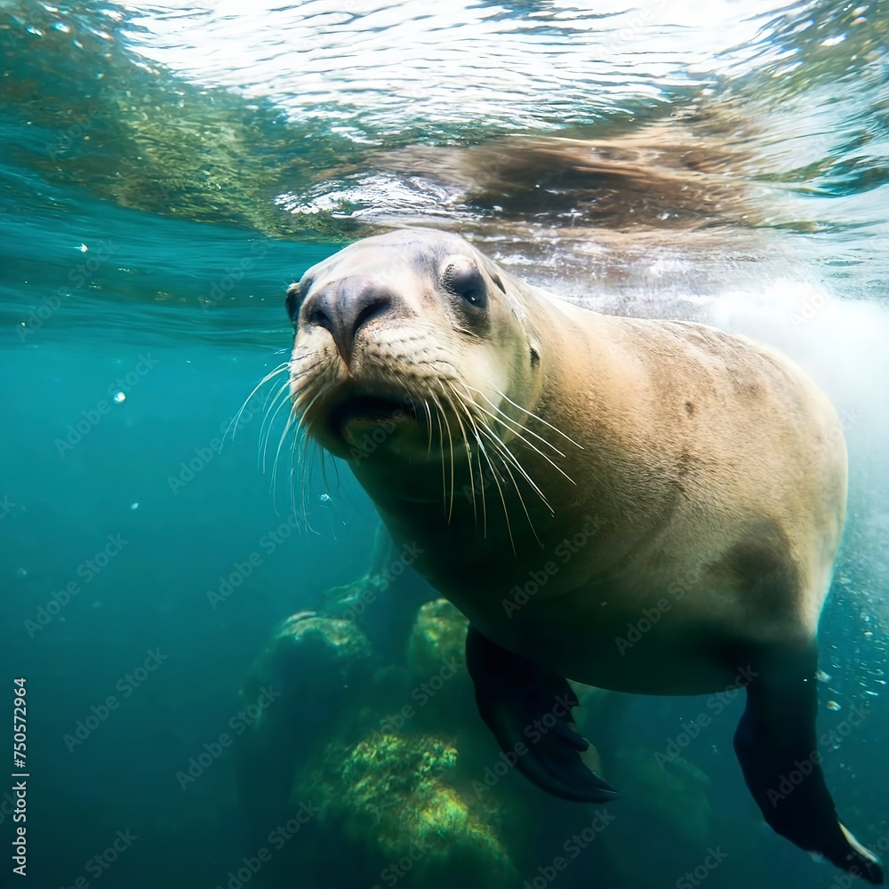 Funny sea lion swimming underwater in the ocean. Animal theme