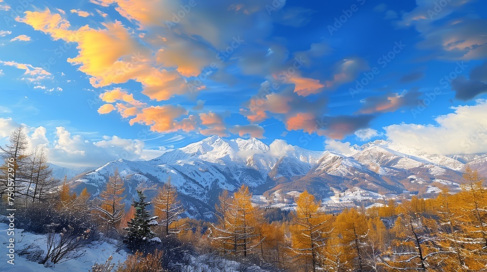  Golden sunset over snow-capped mountains with autumn trees.          