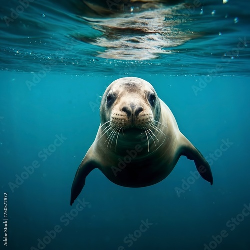 Funny sea lion swimming underwater in the ocean. Animal theme © Laura