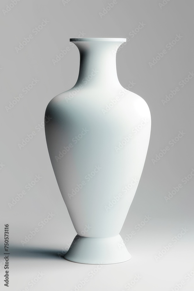 A single, elegant white ceramic vase against a plain, gray background. A single, elegant white ceramic vase against a plain, gray background.