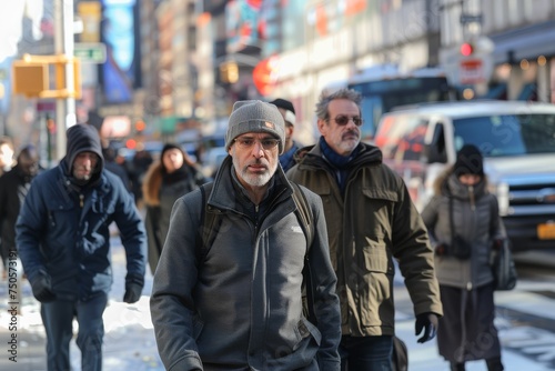 A focused man in winter attire walking through a bustling city street.