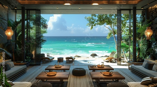 a modern style room  with tables by a very chill beach