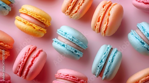 Abstract Arrangement of Pastel Macarons to create a Vibrant and Colorful Background. Concept Food Photography, Desserts, Pastel Colors, Creative Arrangement, Vibrant Background