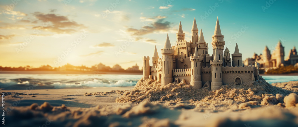 Grand intricate sandcastle on the beach during a summer day with a bluured city backdrop. Generative AI