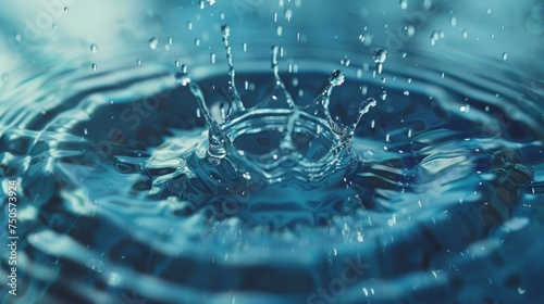 A perfect water droplet splashed ripples. Pure blue, minimalist picture