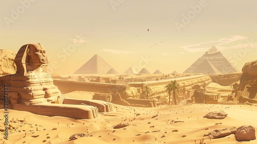 Sphinx and pyramids in the egyptian desert --ar 16:9 Job ID: 7d41ee2e-b6bb-40bd-ae8a-1108cc3f99a5