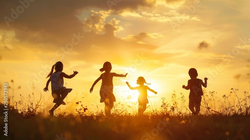 Silhouette  group of happy children playing on meadow  sunset  summertime