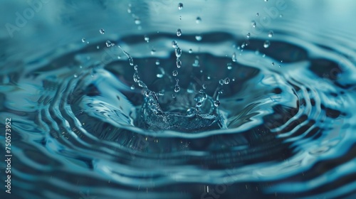 A perfect water droplet splashed ripples. Pure blue, minimalist picture