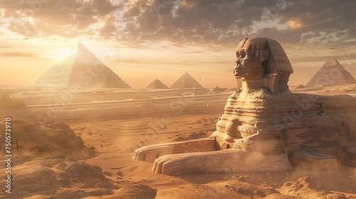 Sphinx and pyramids in the egyptian desert