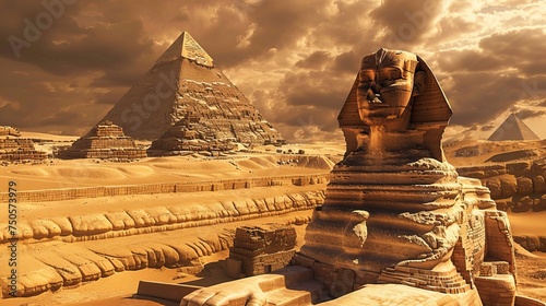 Sphinx and pyramids in the egyptian desert