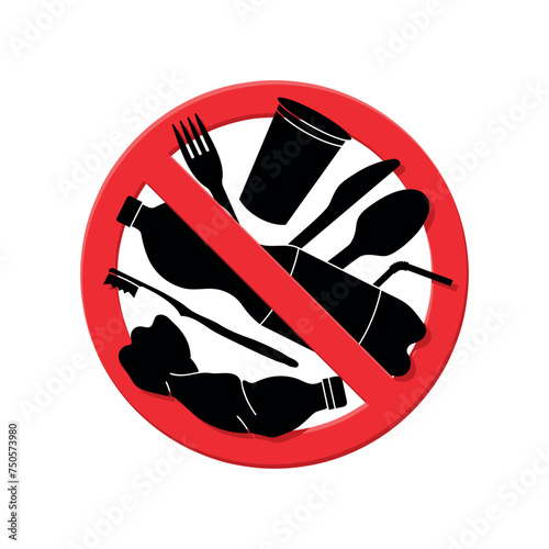 stop plastic pollution sign, no plastic garbage forbidden circle, crossed out warning symbol, vector illustration