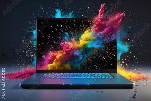 A bright image for advertising equipment repair, banner. Laptop with an exploding screen on a dark background, flying glass fragments and neon multi-colored dust.