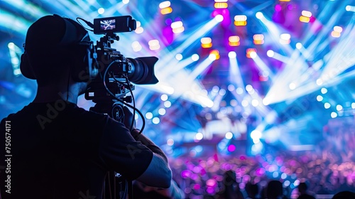 A male videographer capturing the energetic atmosphere of a live music event with colorful stage lights and crowd