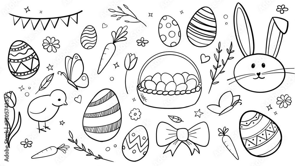 Cute set of vector hand drawn easter elements. Easter eggs, carrots ...