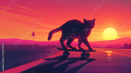 Skateboarder cat rides a skateboard in summer  © Cybonad