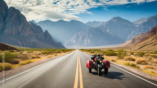 image generated by artificial intelligence of a man riding a motorcycle on the roads between wonderful mountains © Sndor