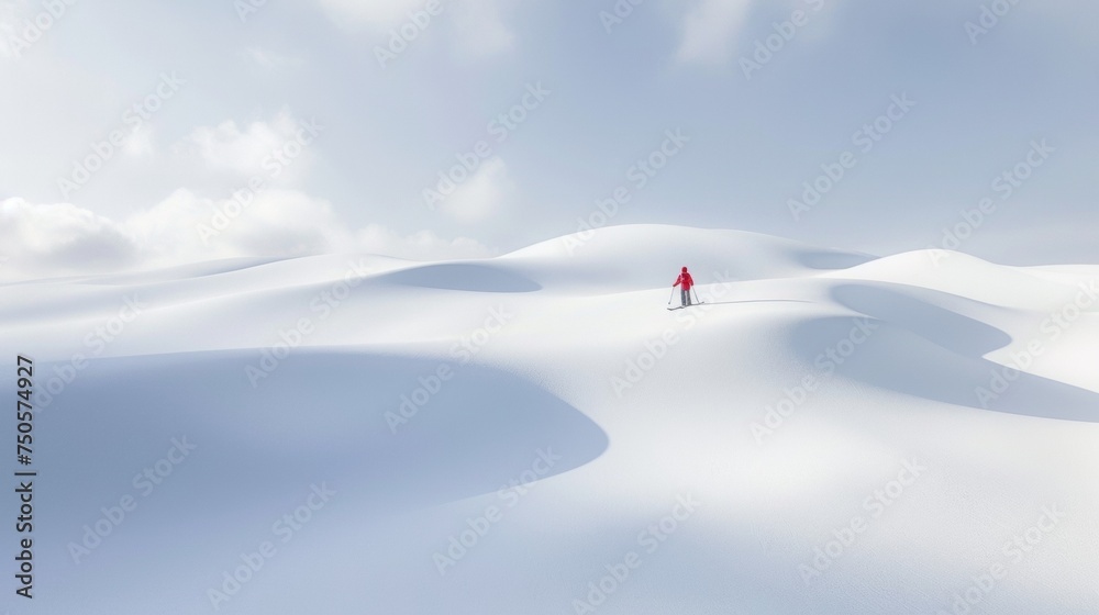 a small person wearing a down jacket skiing on a vast expanse of white snow a small person wearing a down jacket skiing on a vast expanse of white snow