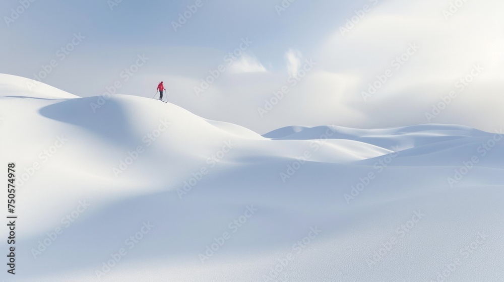 a small person wearing a down jacket skiing on a vast expanse of white snow