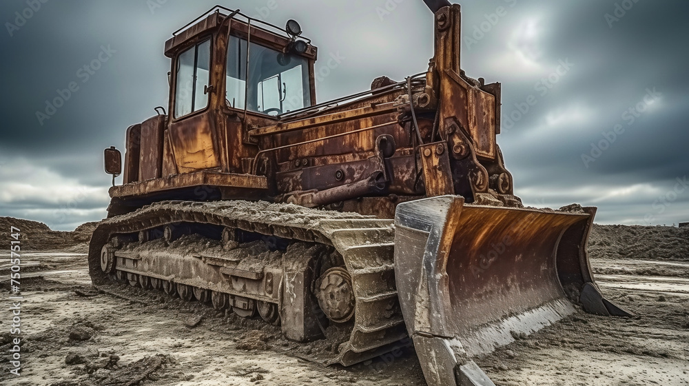 Rusty Bulldozer on Construction Site with Overcast Sky.