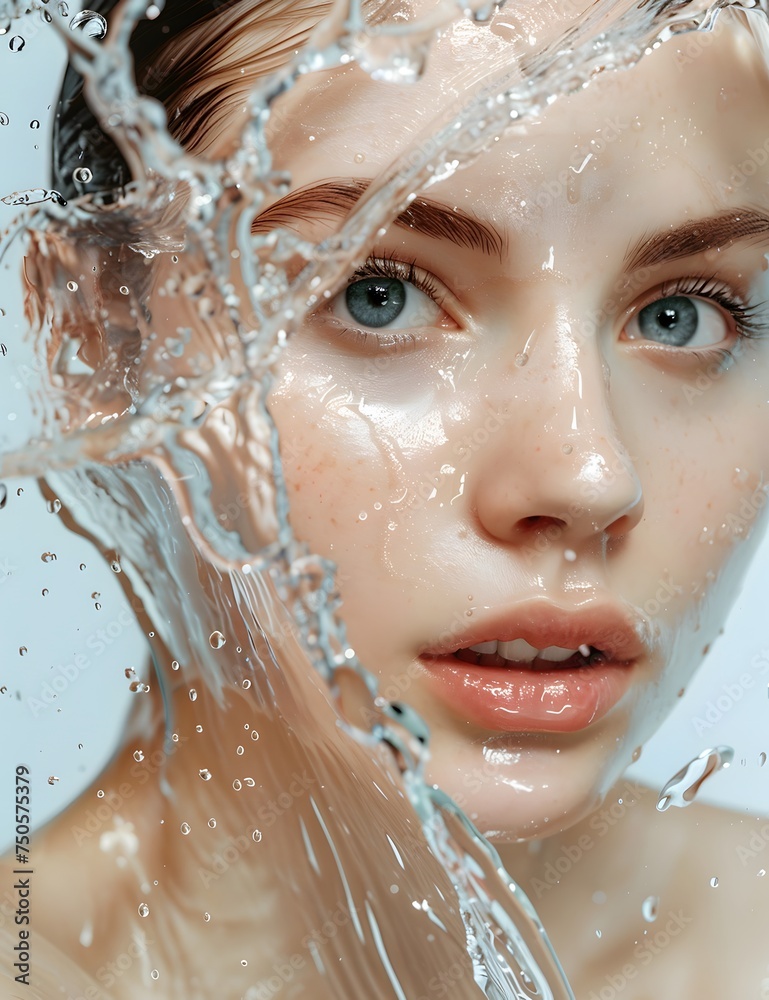 A young, beautiful woman has clean, fresh skin with a splash of water