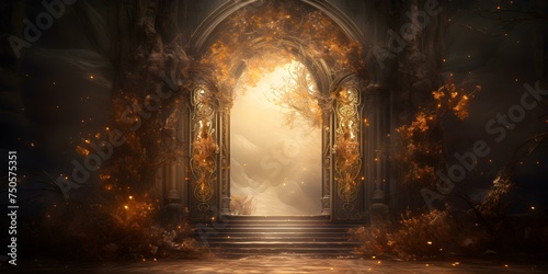 Entrance to a mysterious and enchanting realm. Concept Magical Gates  Mystical Pathways  Hidden Doorways  Enchanted Forest