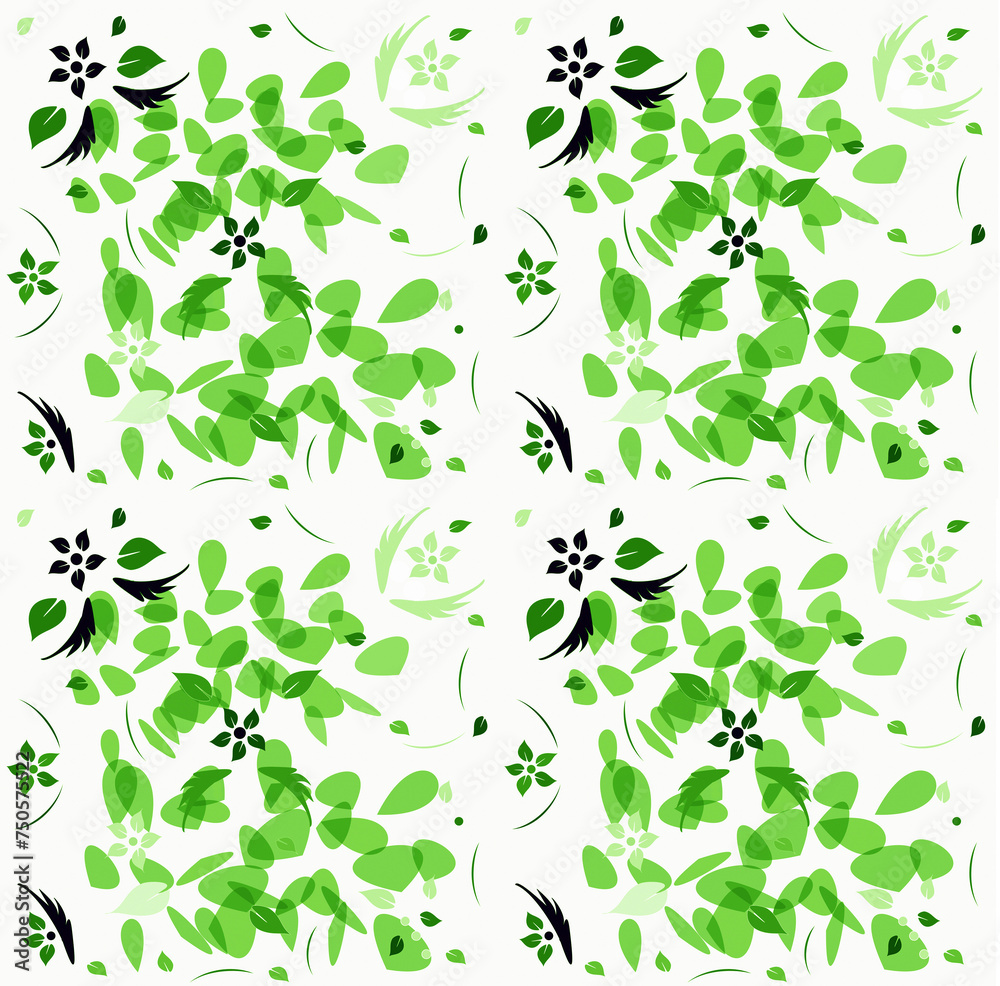 Patterned leafy seamless background. Natural motif with a pattern of leaves and flowers on a white background. Patterned leafy seamless background. Natural motif with a pattern of leaves and flowers on a white background.